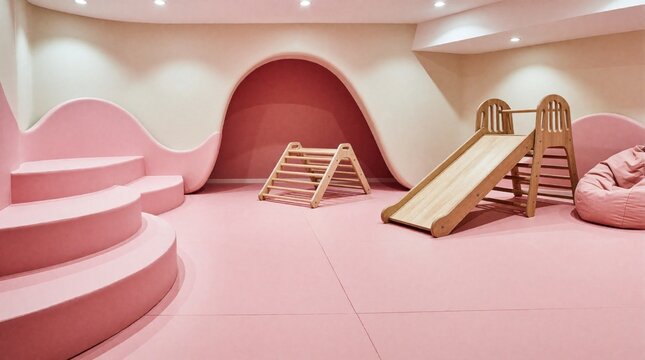 Modern indoor playground with soft pink rubber tiles on floor. Kids playroom features wooden climbing gym, slide. Curved walls create safe play area for toddlers in basement home nursery. Minimalist