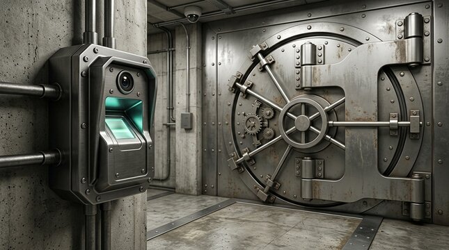 Biometric reader beside bank vault door, high security financial protection and access control