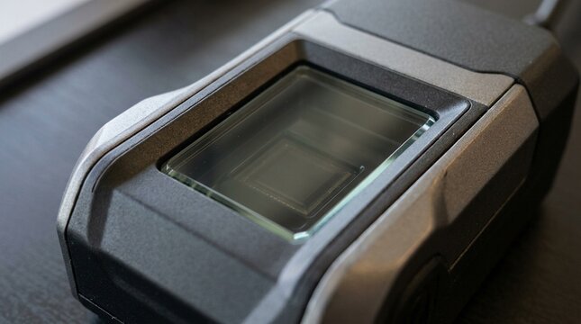 Fingerprint pad close up on clean glass, biometric scanner surface and identity authentication technology