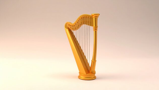 Elegant Golden Harp Musical Instrument Isolated on Light Background.