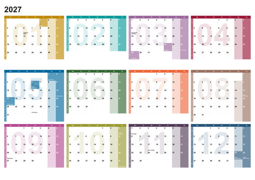 Calendar for the year 2027 with German holidays in German language. Differently colored months identified by the months number as watermarks. 4x3 months grid. Wallplanner, span-a-year calendar