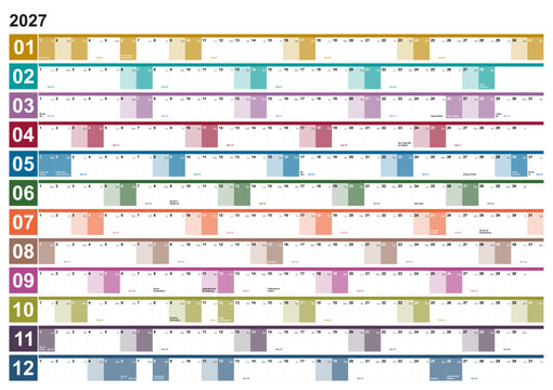 Calendar for the year 2027 with Spanish holidays in spanish language.  Months horizontal in different colors identified via their number 01 to 12. Wallplanner, span-a-year calendar