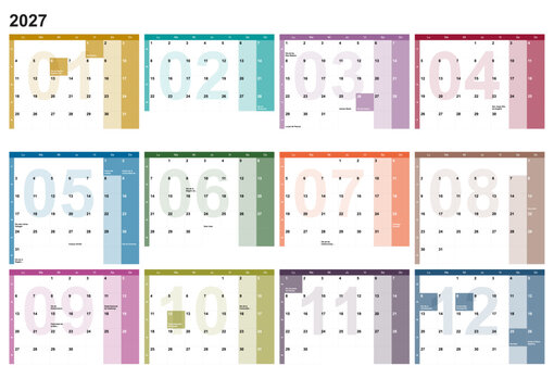 Calendar for the year 2027 with Spanish holidays in Spanish language. Differently colored months identified by the months number as watermarks. 4x3 months grid. Wallplanner, span-a-year calendar