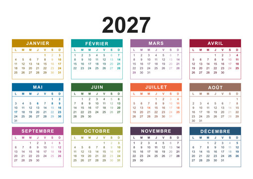 Calendar for the year 2027 with French holidays in French language. Differently colored months. 4x3 months framed grid. Planner, span-a-year calendar