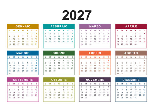 Calendar for the year 2027 with Italian holidays in Italian language. Differently colored months. 4x3 months framed grid. Planner, span-a-year calendar