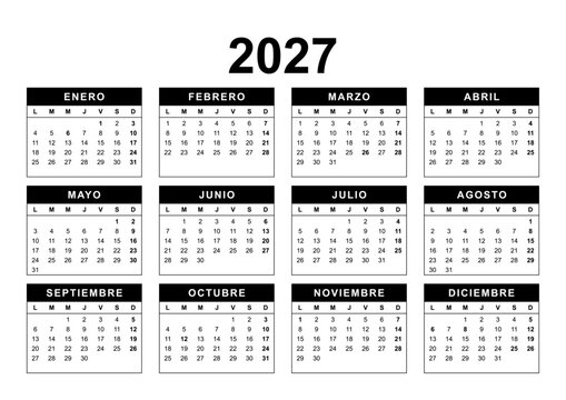 Calendar for the year 2027 with Spanish holidays in Spanish language. Pure Black and White. 4x3 months framed grid. Planner, span-a-year calendar