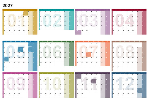 Calendar for the year 2027 with French holidays in French language. Differently colored months identified by the months number as watermarks. 4x3 months grid. Wallplanner, span-a-year calendar