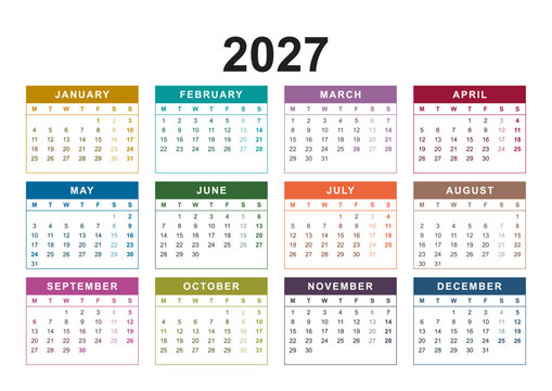 Calendar for the year 2027 with Canadian holidays in English language. Differently colored months. 4x3 months framed grid. Planner, span-a-year calendar