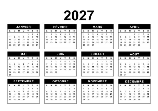 Calendar for the year 2027 with French holidays in French language. Pure Black and White. 4x3 months framed grid. Planner, span-a-year calendar