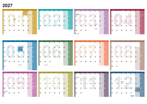 Calendar for the year 2027 with Swiss holidays in German language. Differently colored months identified by the months number as watermarks. 4x3 months grid. Wallplanner, span-a-year calendar