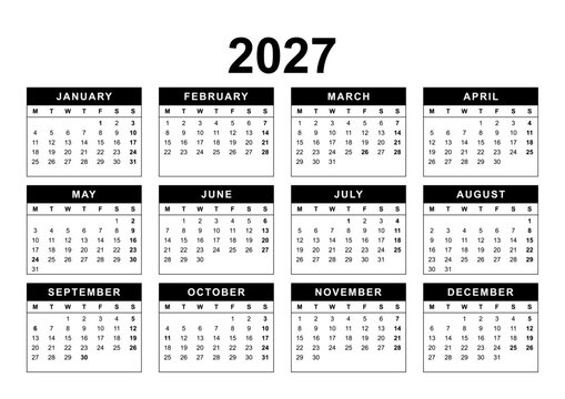 Calendar for the year 2027 with Canadian holidays in English language. Pure Black and White. 4x3 months framed grid. Planner, span-a-year calendar