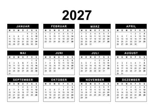 Calendar for the year 2027 with Swiss holidays in German language. Pure Black and White. 4x3 months framed grid. Planner, span-a-year calendar