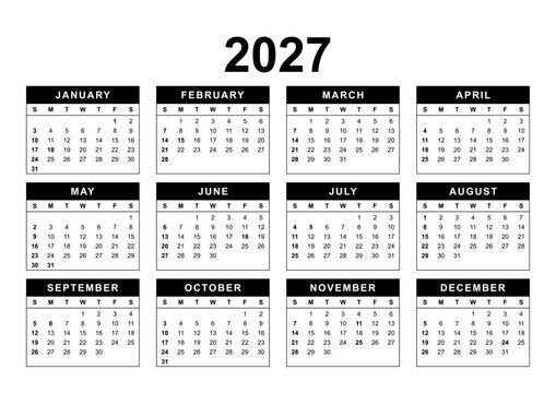 Calendar for the year 2027 with US holidays in English language. Pure Black and White. 4x3 months framed grid. Planner, span-a-year calendar