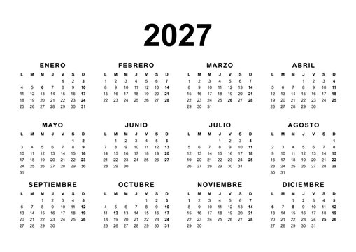 Calendar for the year 2027 with Spanish holidays in Spanish language. Pure Black and White. 4x3 months grid. Planner, span-a-year calendar
