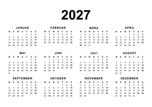 Calendar for the year 2027 with Austrian holidays in German language. Pure Black and White. 4x3 months grid. Planner, span-a-year calendar
