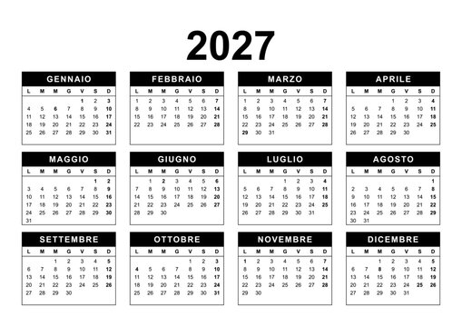 Calendar for the year 2027 with Italian holidays in Italian language. Pure Black and White. 4x3 months framed grid. Planner, span-a-year calendar