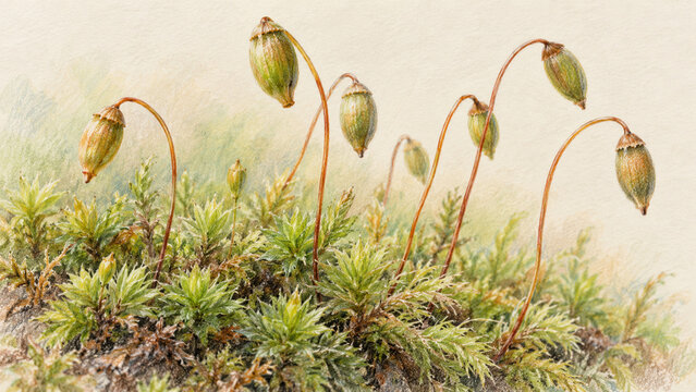 Moss Spore Capsules on Fine Curved Stalks