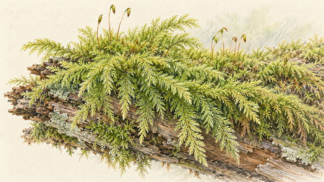 Feathery Moss Branchlets Spreading across a Small Log
