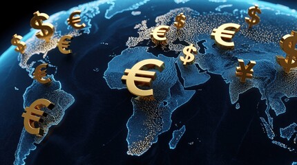 Plakat Golden currency symbols like dollar, euro float over digital world map. Global finance concept shows money exchange, international trade. Earth globe with glowing continents represents worldwide