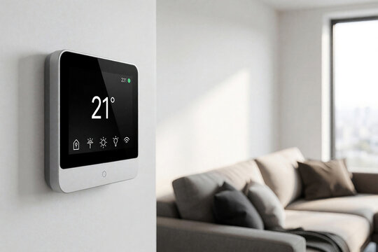 Smart home thermostat panel on white wall shows 21 degrees temperature. Digital touch screen device controls heating, energy in modern living room. Automated system manages climate, electricity costs