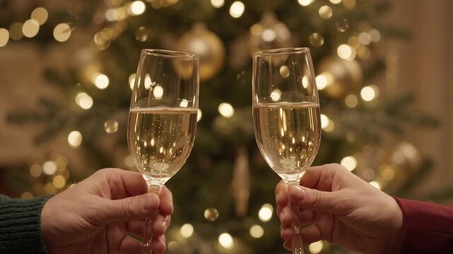Two people holding and gently clinking champagne flutes filled with sparkling wine in front of a beautifully decorated holiday tree with warm glowing fairy l Christmas, xmas, Christmas Video