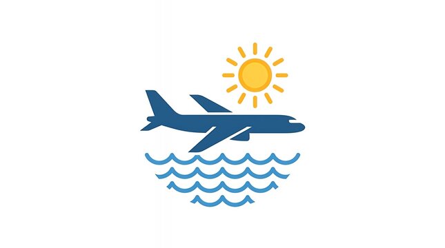 Minimalist graphic symbolflying airplane over ocean sea waves and glowing shining sun modern flat travel holiday tourism emblem sign isolated on clean white backdrop for web design