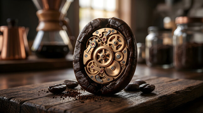 Steampunk coffee bean watch mechanism with brass gears, vintage roasted coffee bean clock concept on wooden table isolated on White Background
