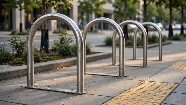 Four shiny silver U-shaped bicycle racks stand in a row on a city sidewalk with trees and buildings in the blurred background.