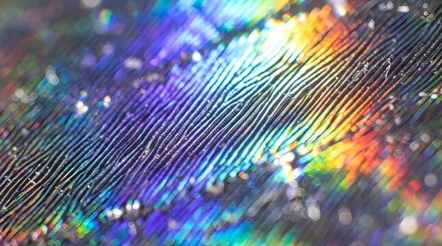 Vibrant iridescent macro abstract features gleaming rainbow light refraction across textured parallel lines creating a mesmerizing futuristic visual effect
