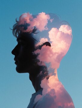 Double exposure illustration of young man profile with pink clouds inside head silhouette. Abstract concept of human mind, dreams, imagination. Surreal mental health art shows peaceful meditation,