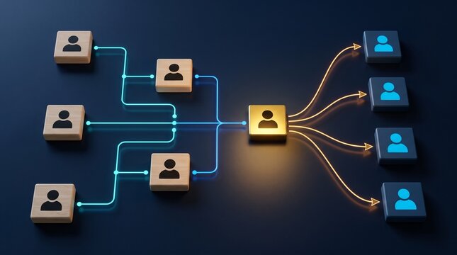 Corporate organizational structure visualizing golden leadership block connecting to employee network nodes via digital pathways
