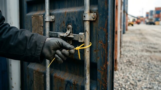 Worker applies security seal to shipping container door