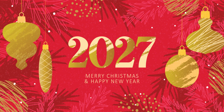 Happy New Year 2027 greeting card or banner with Christmas tree branches with snow and Fairy lights.