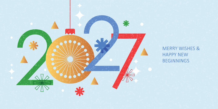 Elegant Happy New Year 2027 greeting banner with Trendy modern Xmas design featuring 2027 typography bright overlay numbers, sparcles and snowflakes.