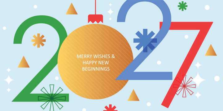 Elegant Happy New Year 2027 greeting banner with Trendy modern Xmas design featuring 2027 typography bright overlay numbers, sparcles and snowflakes.