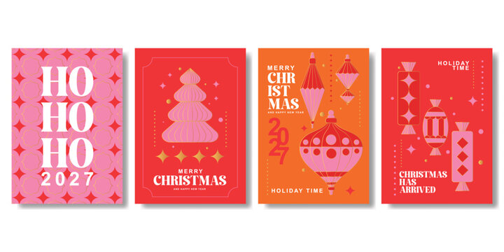 Merry Christmas and Happy New Year 2027 greeting card Set. Modern Holiday background gold line Christmas element  stars  sweets. Design templates for posters  holiday covers  sales