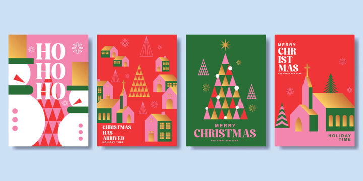 Minimalist Merry Christmas and Happy New Year greeting card Set. Modern Holiday background gold line Christmas element  stars  sweets. Design templates for posters  holiday covers  sales
