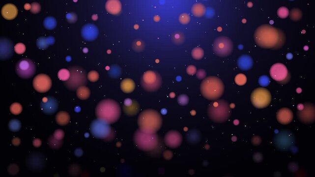 Colorful pink, coral and blue bokeh lights with glowing particles floating upward on a dark background, elegant diffused light celebration abstract loop animation