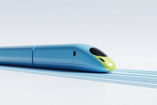Minimalist blue high speed train moves fast on tracks. Modern aerodynamic bullet train concept with sleek design. Futuristic locomotive travels on rail line. Simple digital illustration shows rapid
