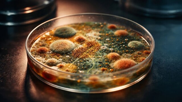 Close-up petri dish with colorful mold and microbial colonies growing in culture medium for microbiology research.