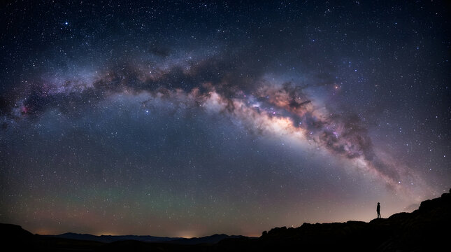 Silhouette of a solitary person observing the vast Milky Way galaxy arching across a star-filled night sky.