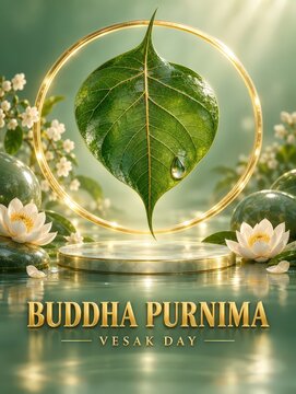 Buddha Jayanti 2026 glossy 3d render poster design with bodhi leaf in green and gold tones for festival greetings and banners