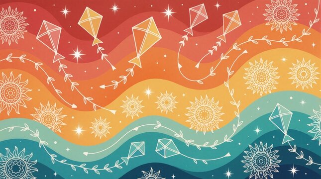 Colorful gradient background with kites, sun motifs. Abstract wavy lines in red orange yellow, blue colors. White line art shows flying kites, sunflower patterns. Bright festive pattern for summer
