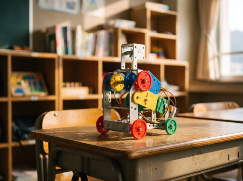Partially Assembled Robot Model on Classroom Desk, STEM Robotics Education Concept