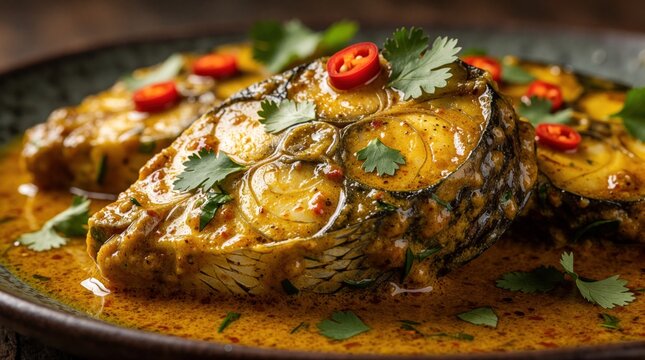 Traditional Bengali shorshe ilish cooked in spicy mustard sauce. Hilsa fish pieces garnished with fresh cilantro, red chili on plate. Savory seafood dish served hot for authentic ethnic meal with