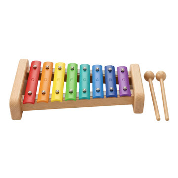 Colorful wooden xylophone with mallets on transparent background