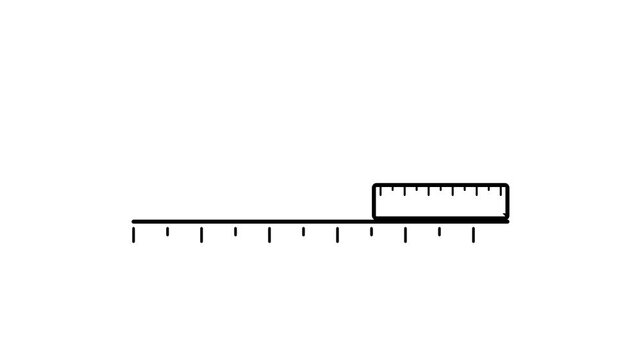Minimalist black and white vector animation of a measuring ruler sliding along a straight line while measurement marks appear progressively. Represents measurement, precision, mathematics, constructio