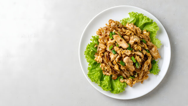 Kua gai wok charred rice noodles with chicken and egg on lettuce, top view with copy space