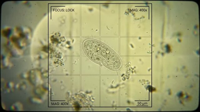 Microscopic view of a paramecium or ciliate protozoan in pond water with grid overlay and focus frame.