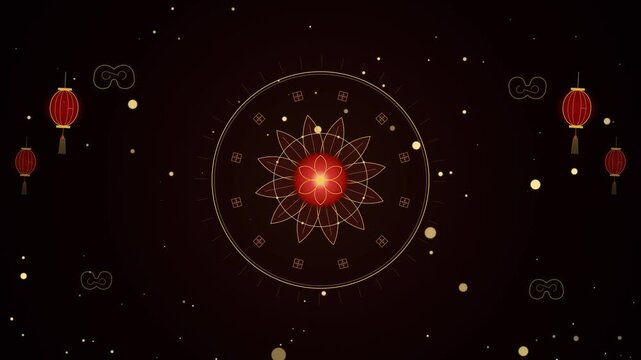 A festive Chinese New Year animation featuring a glowing red floral mandala and traditional hanging lanterns against a dark brown background with floating golden particle lights.